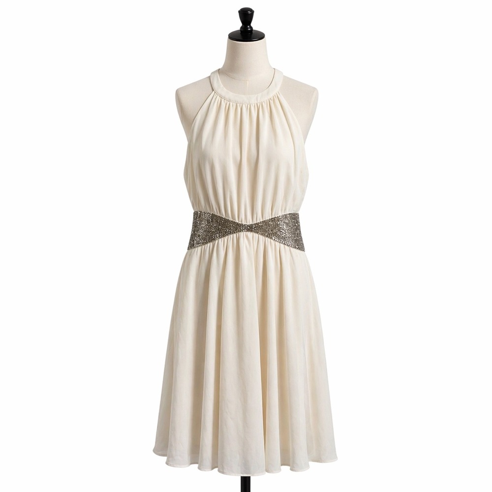 NEW Lulu's Cream Halter Beaded Waist Cocktail Dress Womens Large Ivory Chiffon
